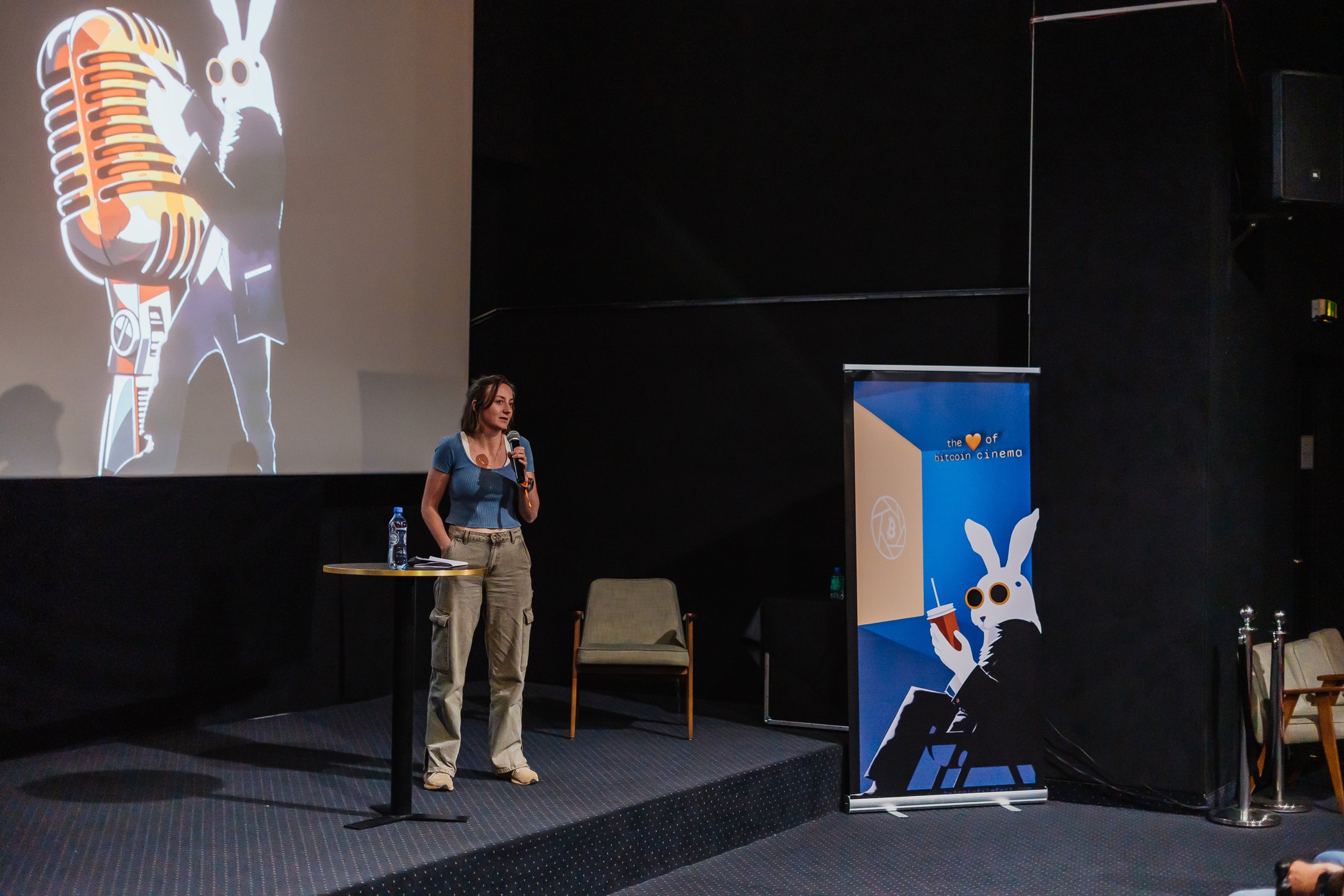 Presenter speaking on the Bitcoin FilmFest 2025 stage