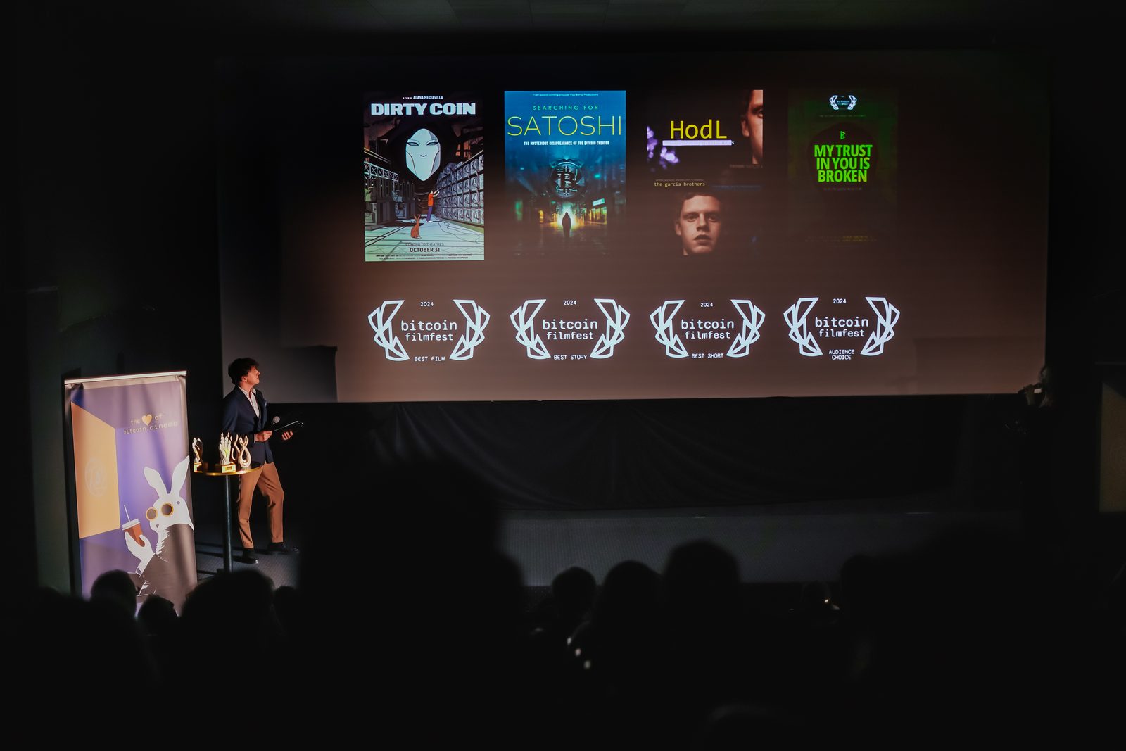 The Golden Rabbits gala with winning-film posters and statuettes