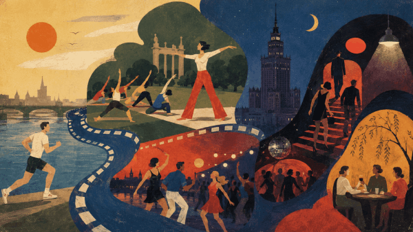 Side events illustration — runners by the Vistula, yoga in the park, dancing crowd, Palace of Culture tower, an outdoor cinema scene
