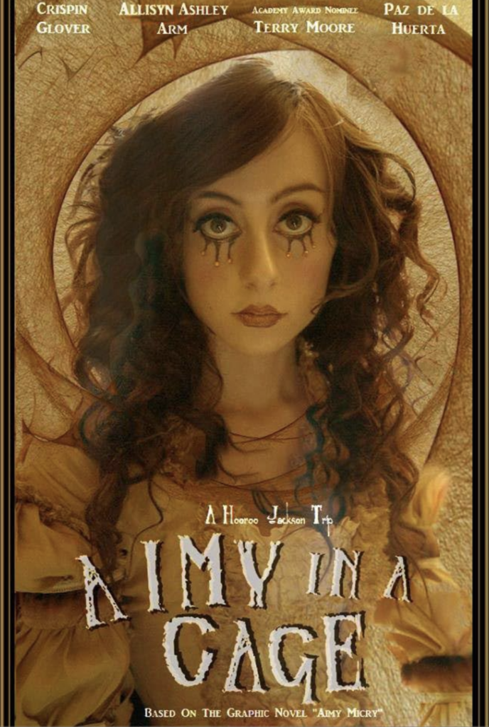 Portrait sepia film poster for Aimy in a Cage, showing a solemn young woman with tear-like black makeup within a circular textured frame, with cast credits above and the title below.