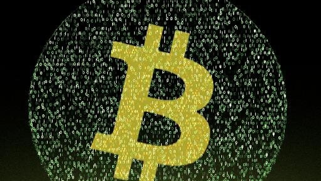 A large gold Bitcoin symbol fills the center of a dark circular field covered in dense white and pale-green binary digits, with black space surrounding the circle.