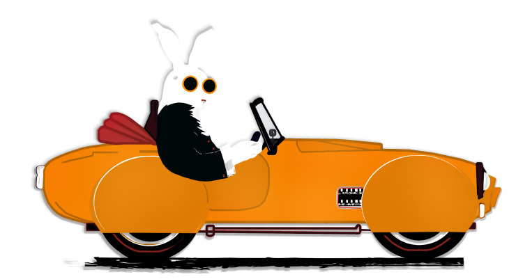 BFF rabbit in the orange roadshow car